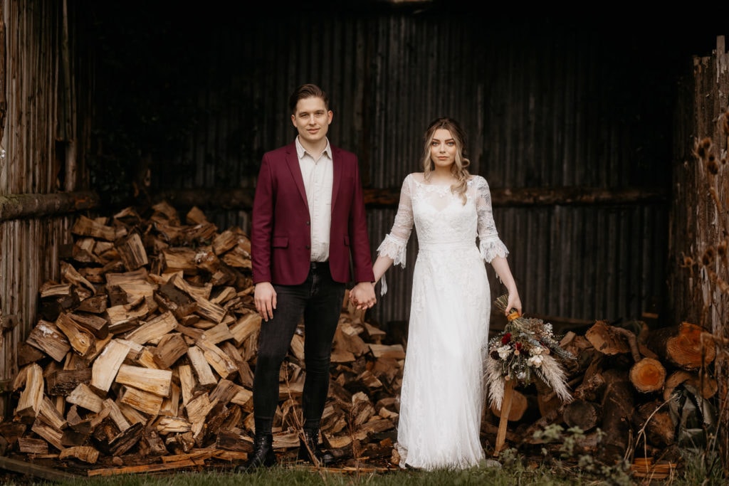 Scotland woodland elopement couple in a wood shed