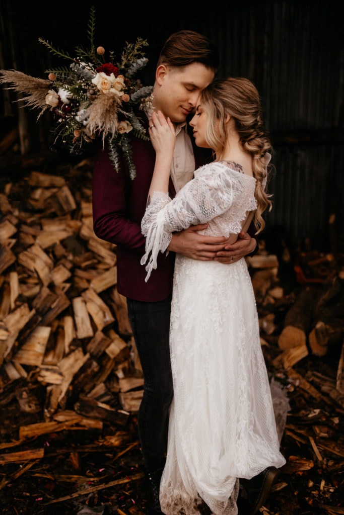 Scotland woodland elopement couple in a wood shed