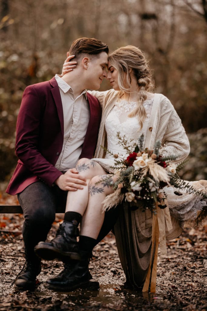 Scotland woodland elopement couple gazing into each other's eyes.