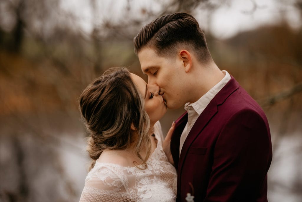 Scotland woodland elopement couple by a lake
