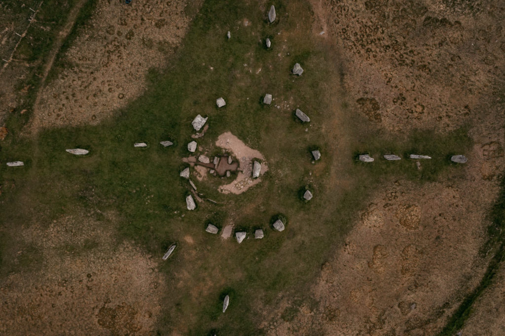Birds eye view of Callanish standing stone by drone, Isle of Lewis, Outer Hebrides